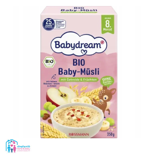 ax site - 2025-03-09T160559.716 (1) (15) (19) (3) (6) (1) (5) (1) (1) سرلاک موسلی میوه ای BABYDREAM انگور،موز و سیب ارگانیک از 8 ماهگی 250 گرم - Image 1